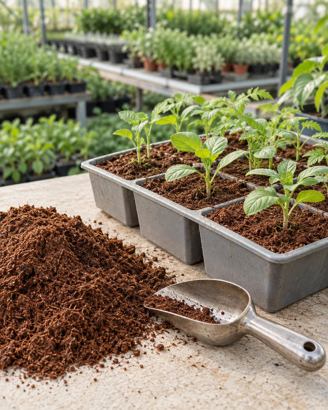 Young seedlings in cocopeat-filled nursery trays beside loose cocopeat and a metal scoop.